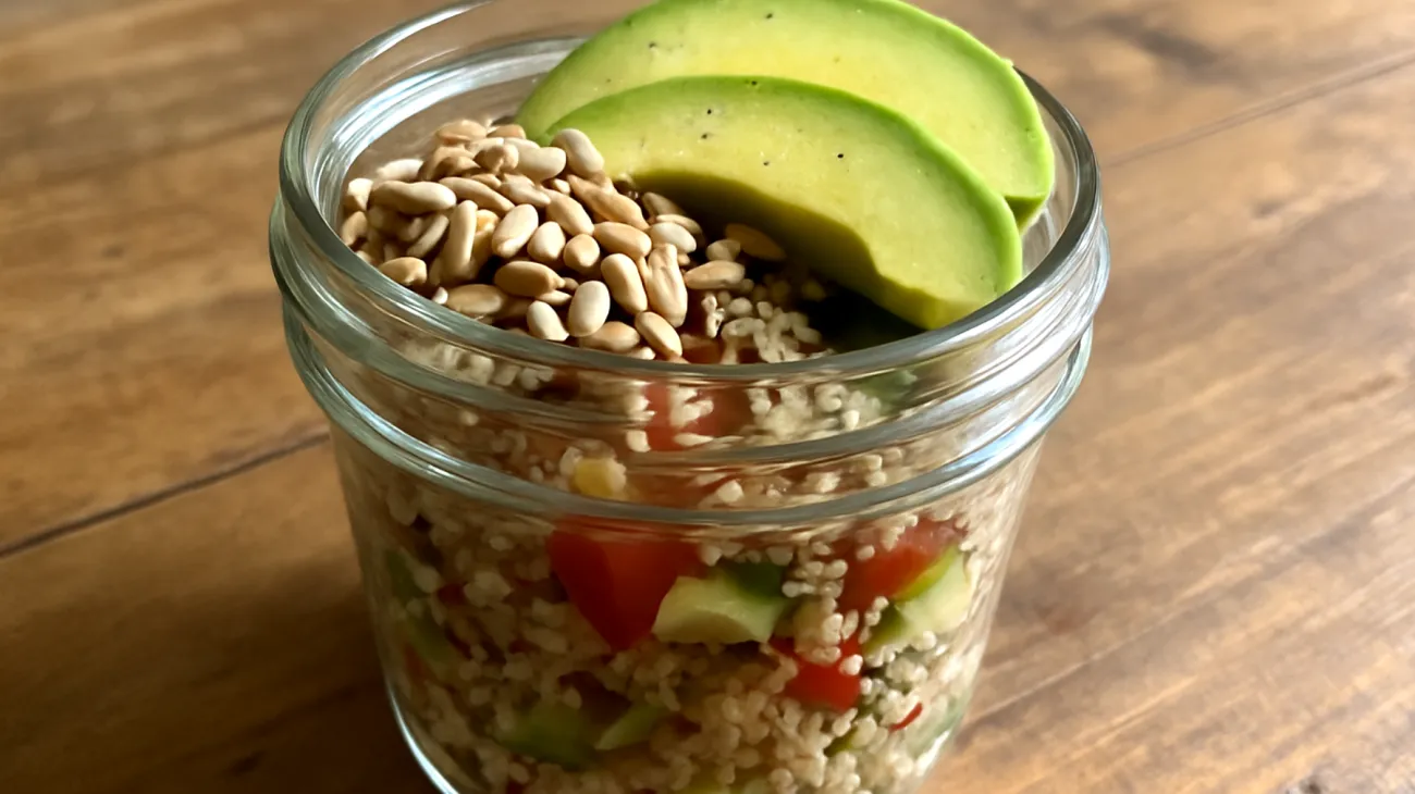Salade de quinoa aux graines de tournesol et avocat en bocal"